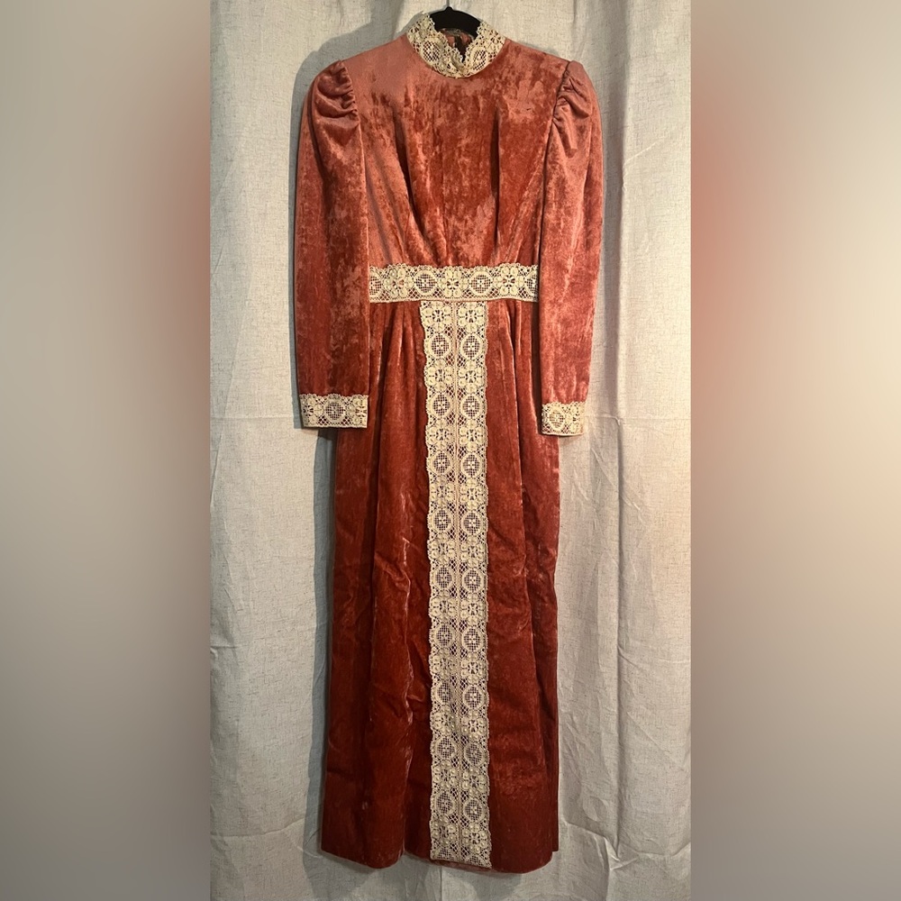 Vintage Pink Velvet Cottagecore 1970s Dress XS